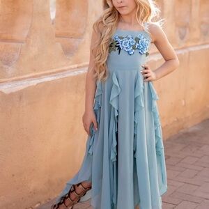 Joyfolie Light Blue Ruffle Dress with Floral Accents size 8